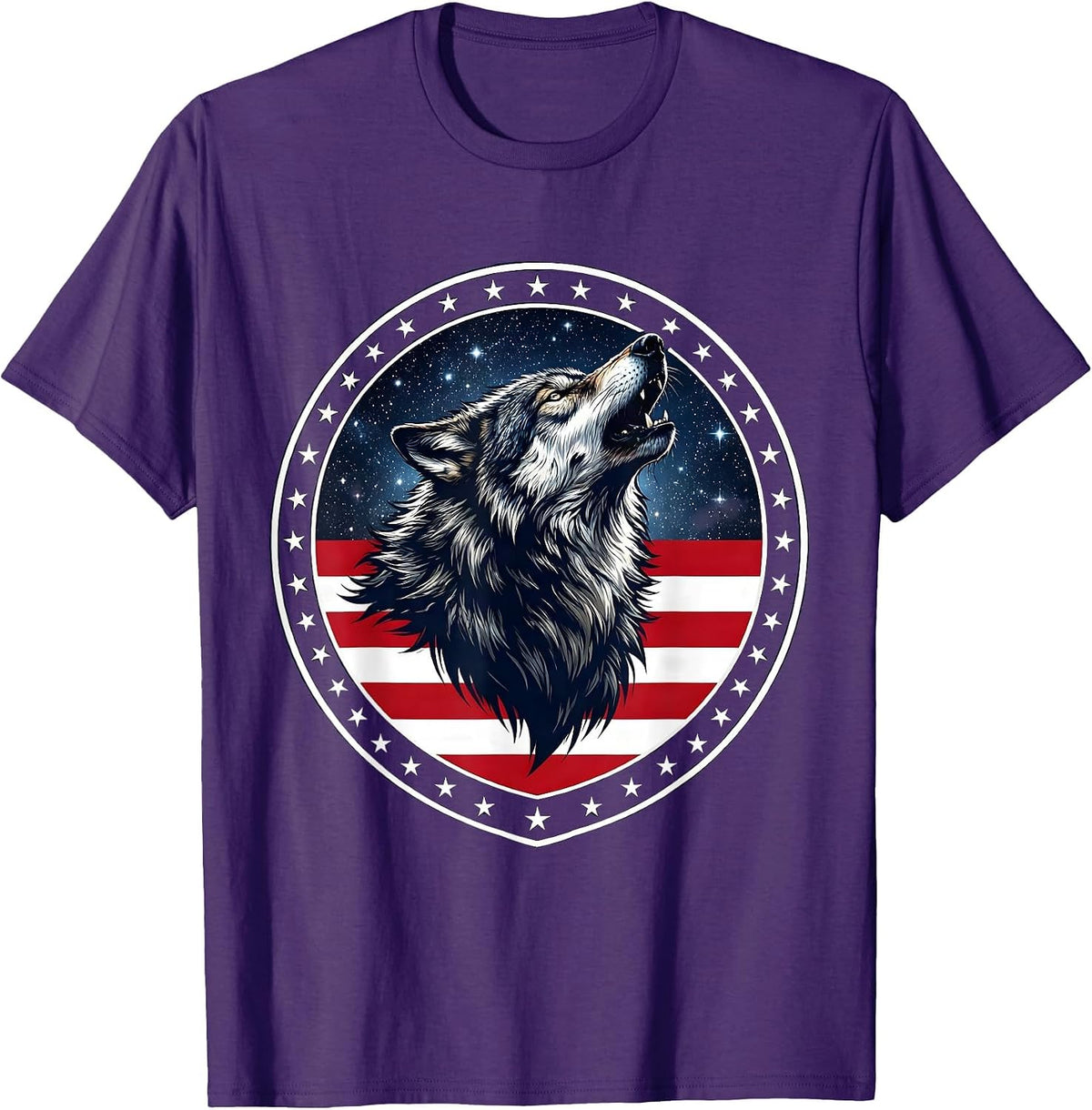 Wolf Howling at Starry Night Sky Illustration T-Shirt - Purple