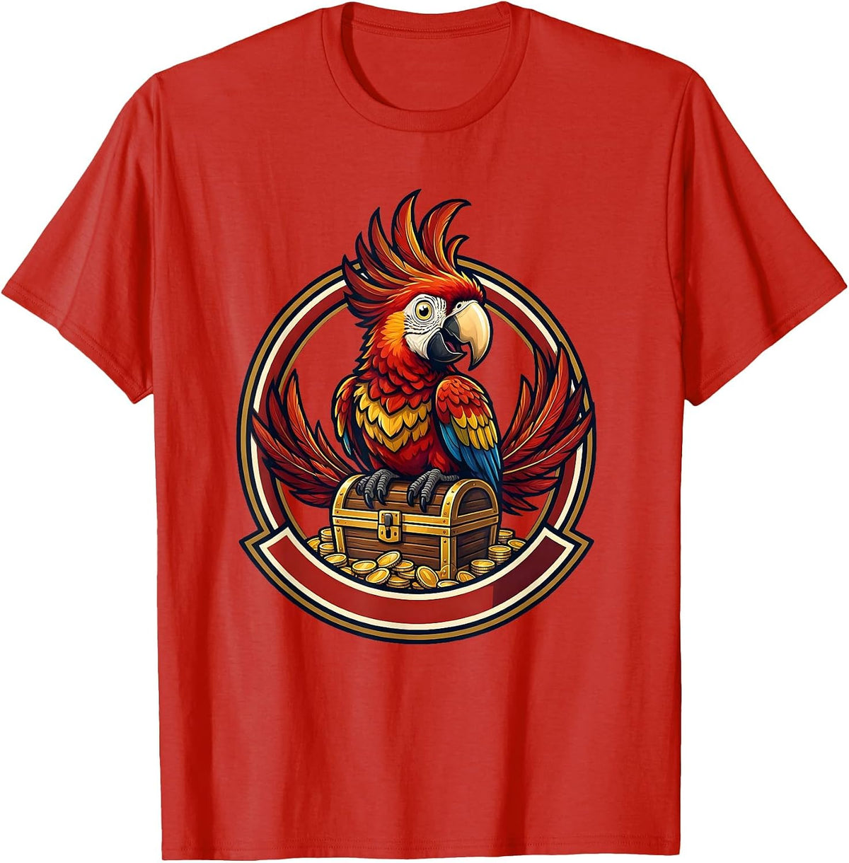 Men's Pirate Parrot on Treasure Chest Graphic Tee T-Shirt - Red