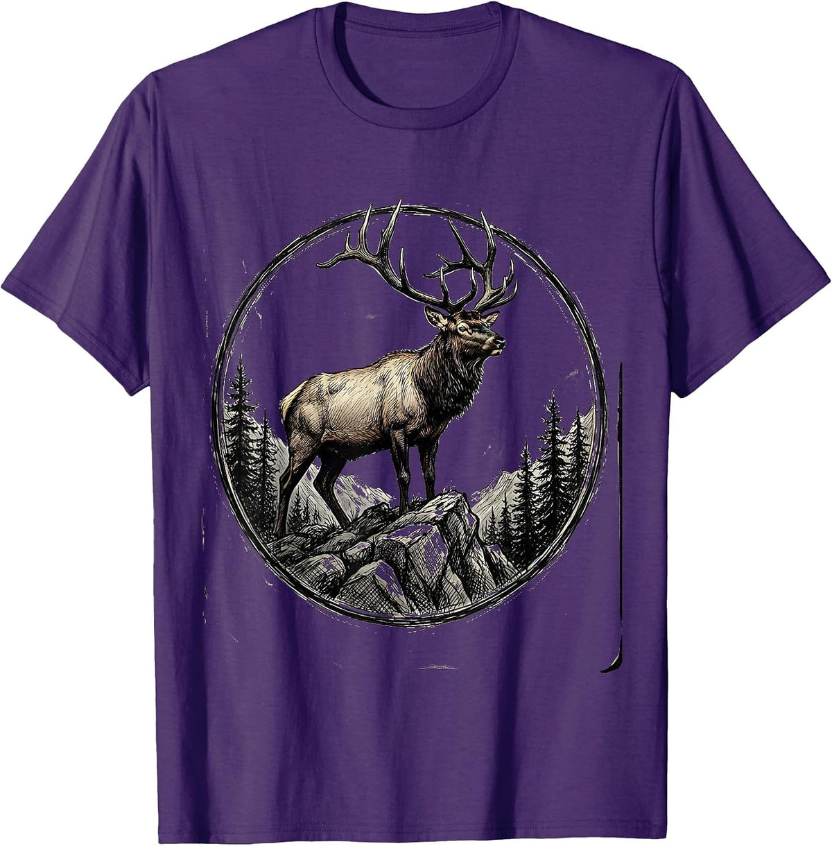 Bull Elk on Rocky Mountain Ridge Illustration T-Shirt - Purple