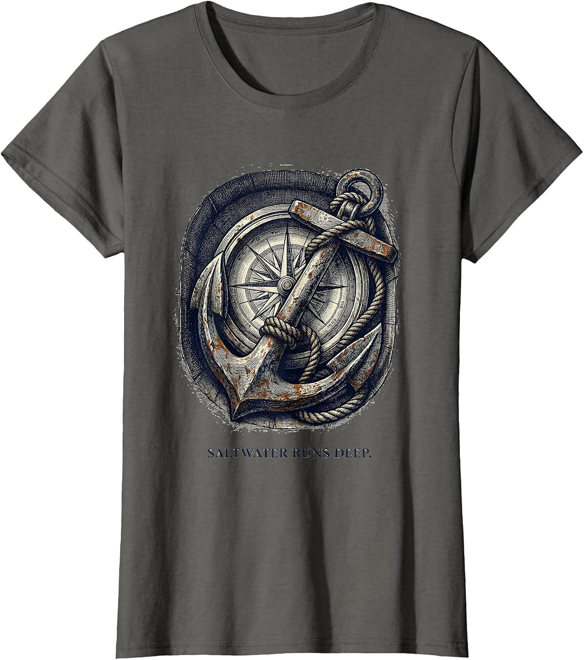 Women's Saltwater Runs Deep Sailor Graphic Design T-Shirt - Asphalt Grey