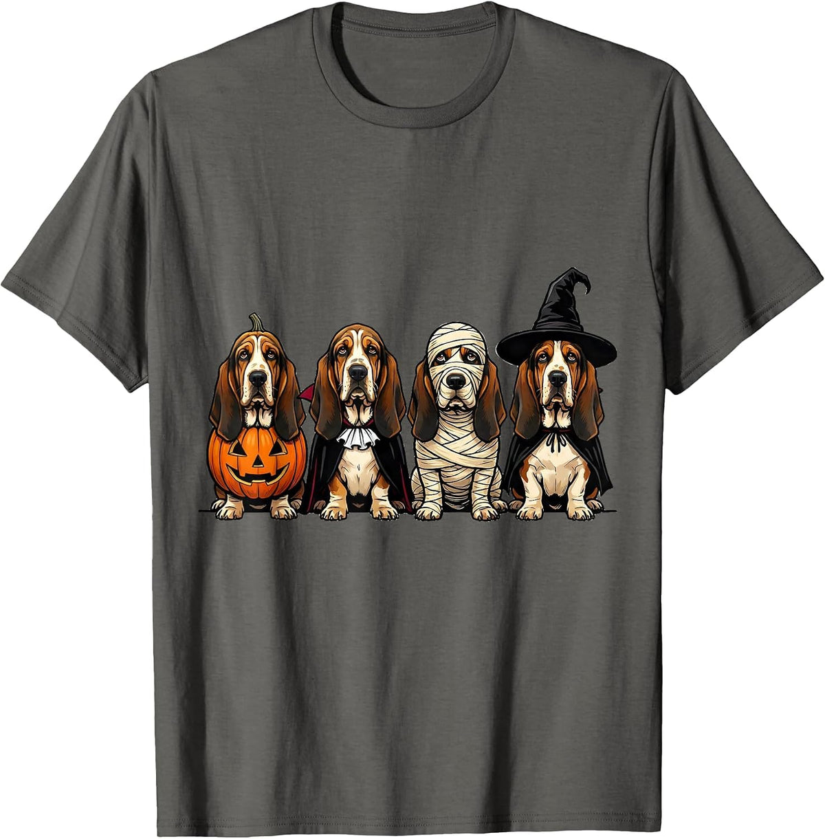 Men's Halloween Basset Hound Squad Pumpkin Vampire Mummy Witch Dog T-Shirt - Asphalt Grey