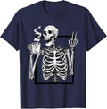Skeleton Drinking Coffee Peace Halloween Grunge Aesthetic T-Shirt - Navy Blue