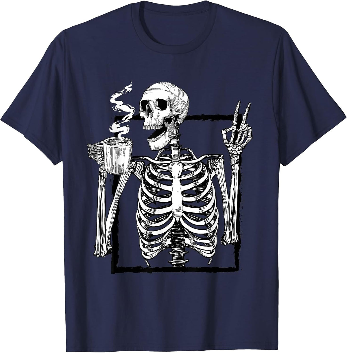 Skeleton Drinking Coffee Peace Halloween Grunge Aesthetic T-Shirt - Navy Blue