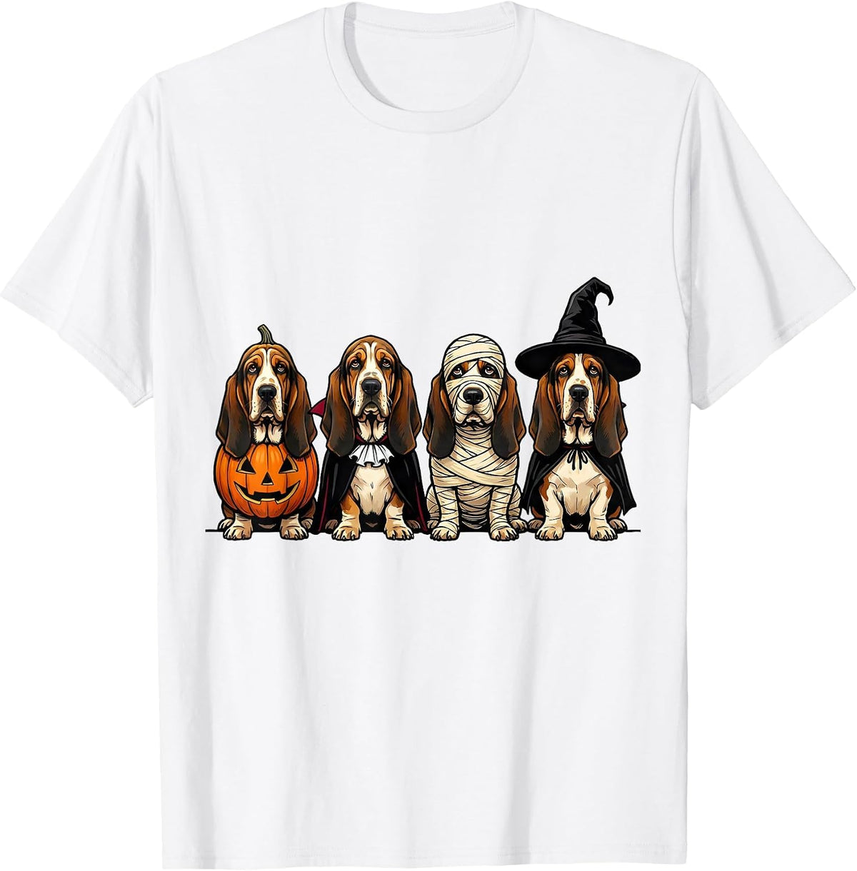 Men's Halloween Basset Hound Squad Pumpkin Vampire Mummy Witch Dog T-Shirt - White