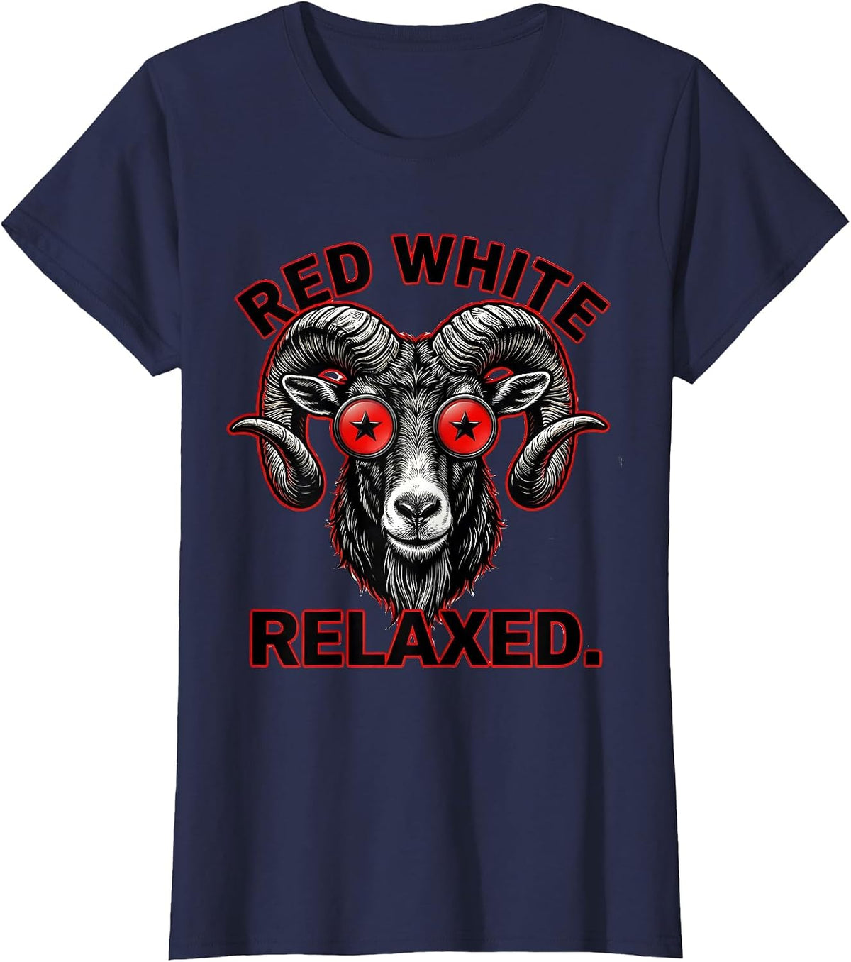 Women's Red White Relaxed Tattoo Bold Goat Head Patriotic Humor T-Shirt - Navy Blue