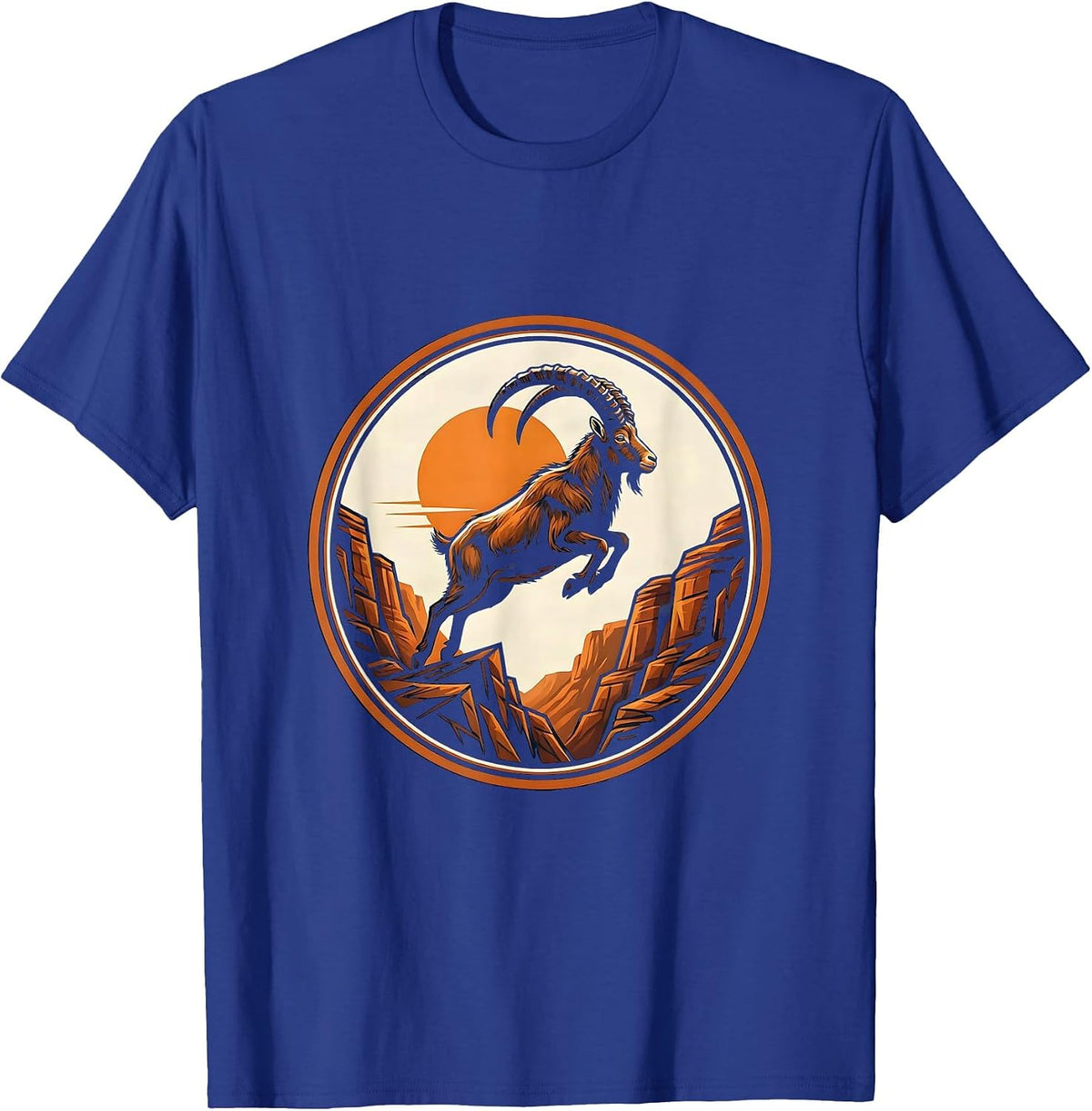 Goat Mid-Leap Over Rocky Canyon Graphic T-Shirt - Royal Blue