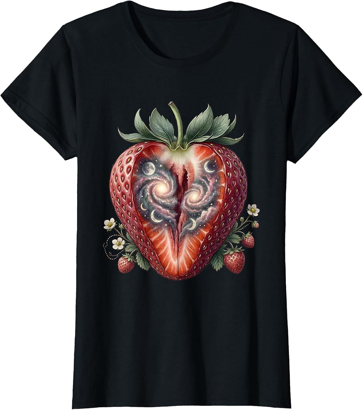 Cosmic Strawberry Galaxy Universe Fruit Art T-Shirt - Black