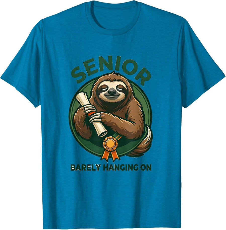 Senior Barely Hanging On Funny College Student Gift T-Shirt - Sapphire Blue