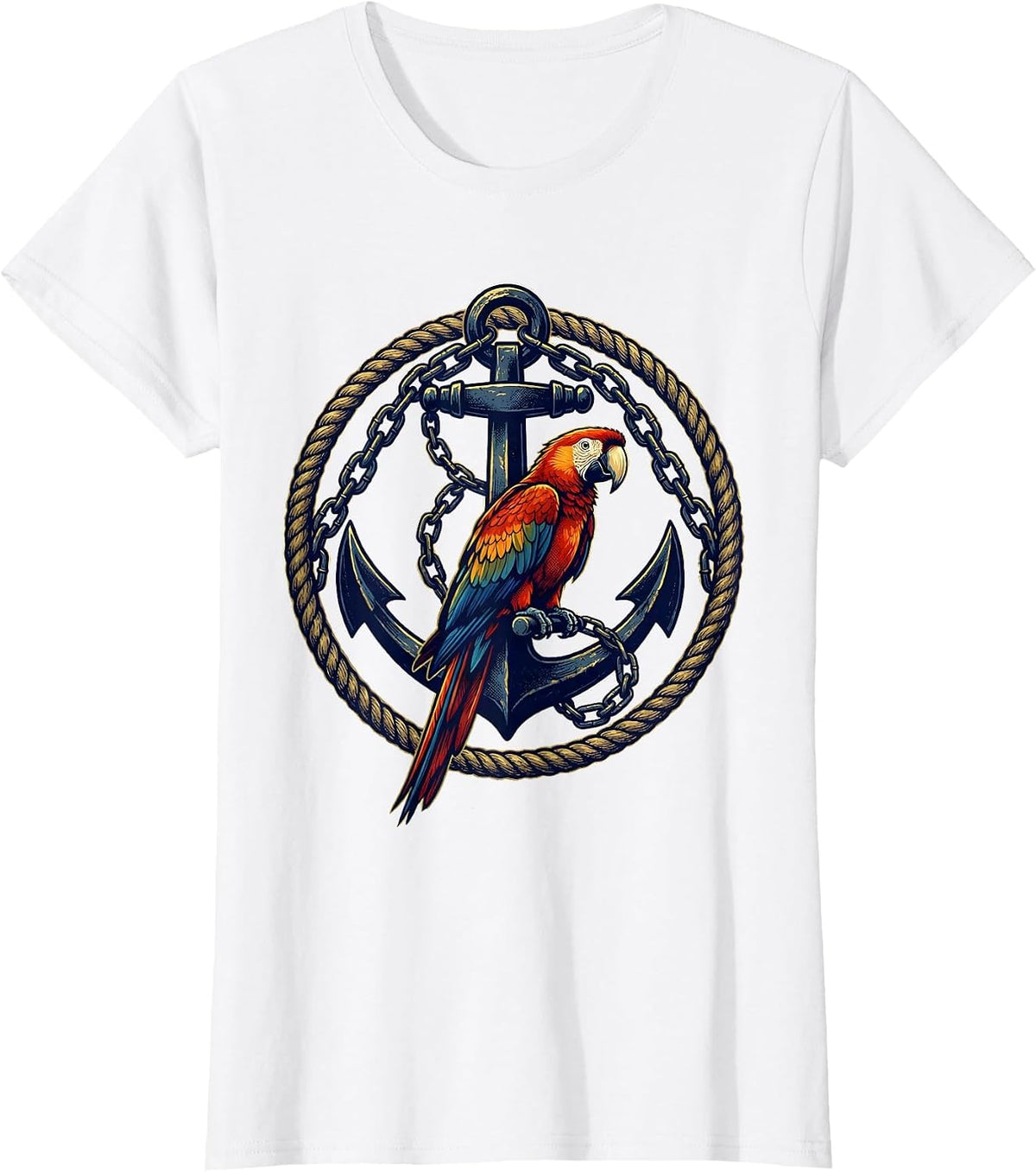 Pirate Parrot Perched on Anchor with Chains T-Shirt - White