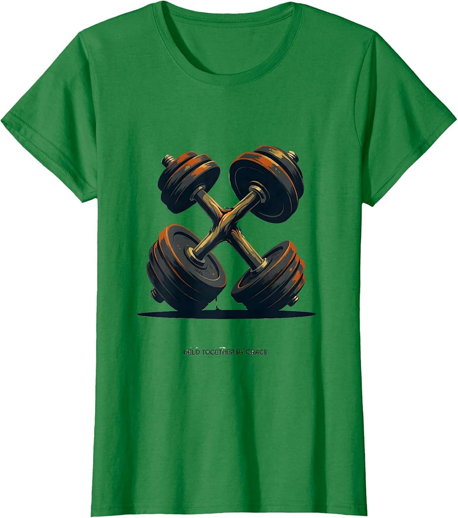 Women's Held Together By Grace Funny Christian Weightlifter Gym T-Shirt - Kelly Green