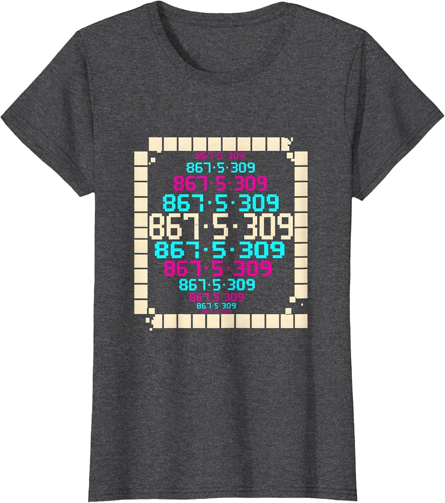 Women's 867·5·309 Pixel Art 80s Nostalgia Gen X Humor T-Shirt - Dark Heather Grey