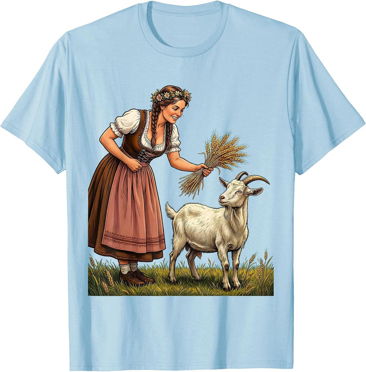Men's Oktoberfest Dirndl Goat Feeding Illustration T-Shirt - Baby Blue