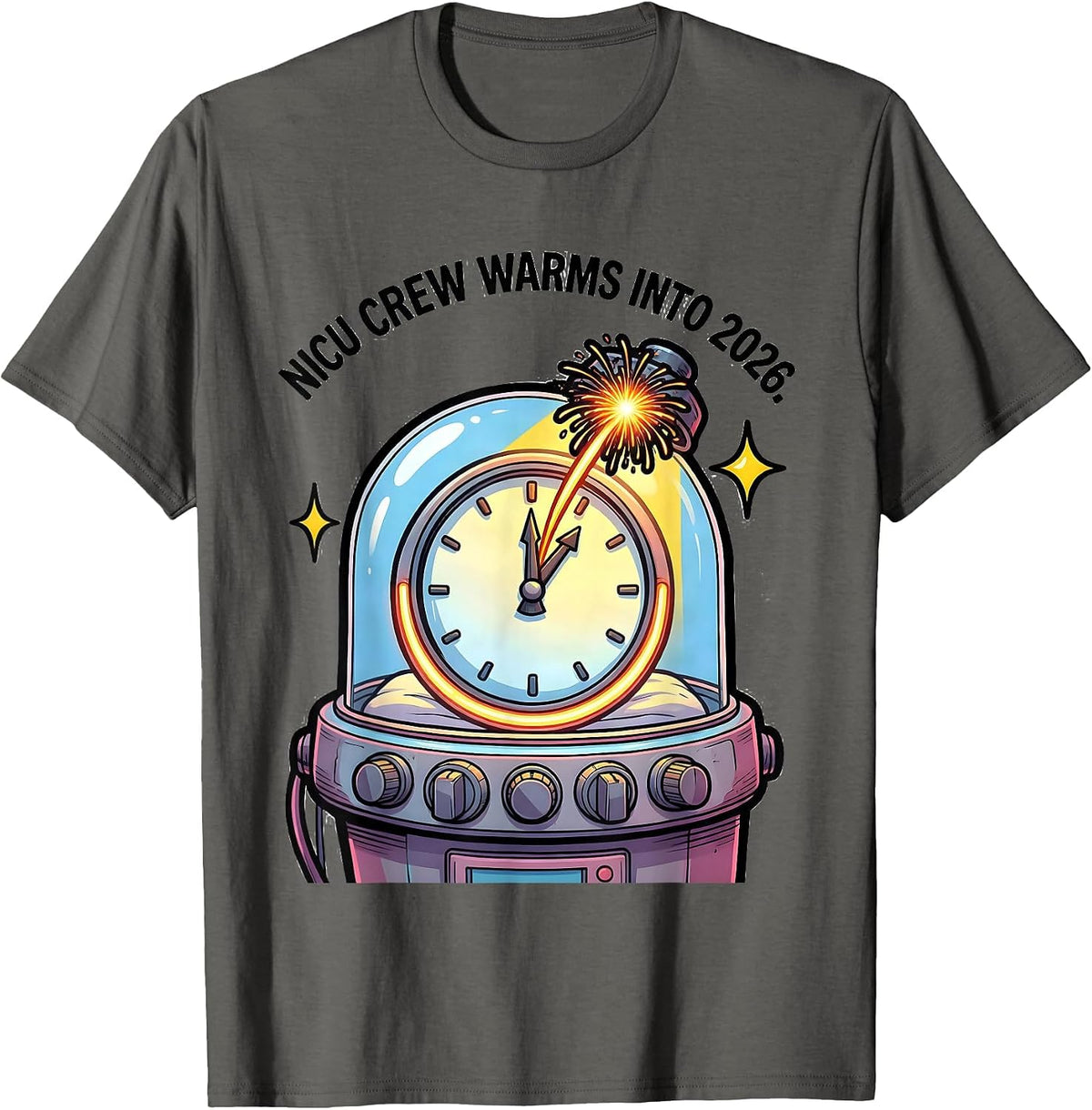 NICU Crew Warms Into 2026 Cartoon Nurse New Year Eve Party T-Shirt - Asphalt Grey