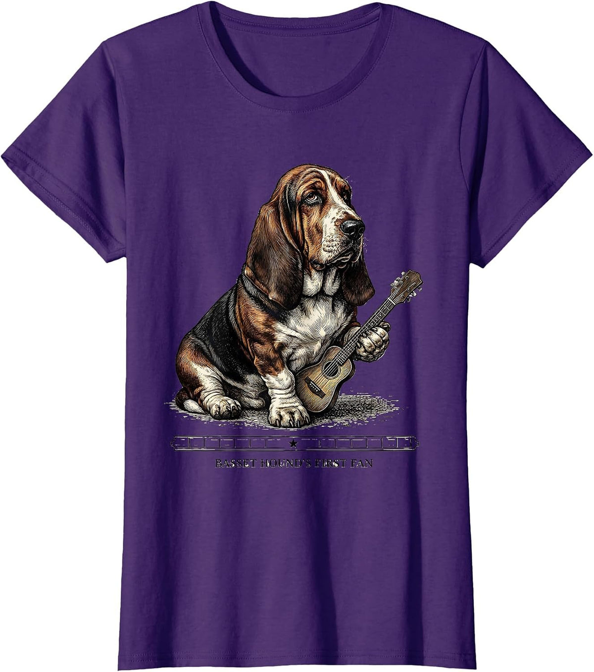 Women's Basset Hound's First Fan Crosshatch Etching Rock Music Dog T-Shirt - Purple