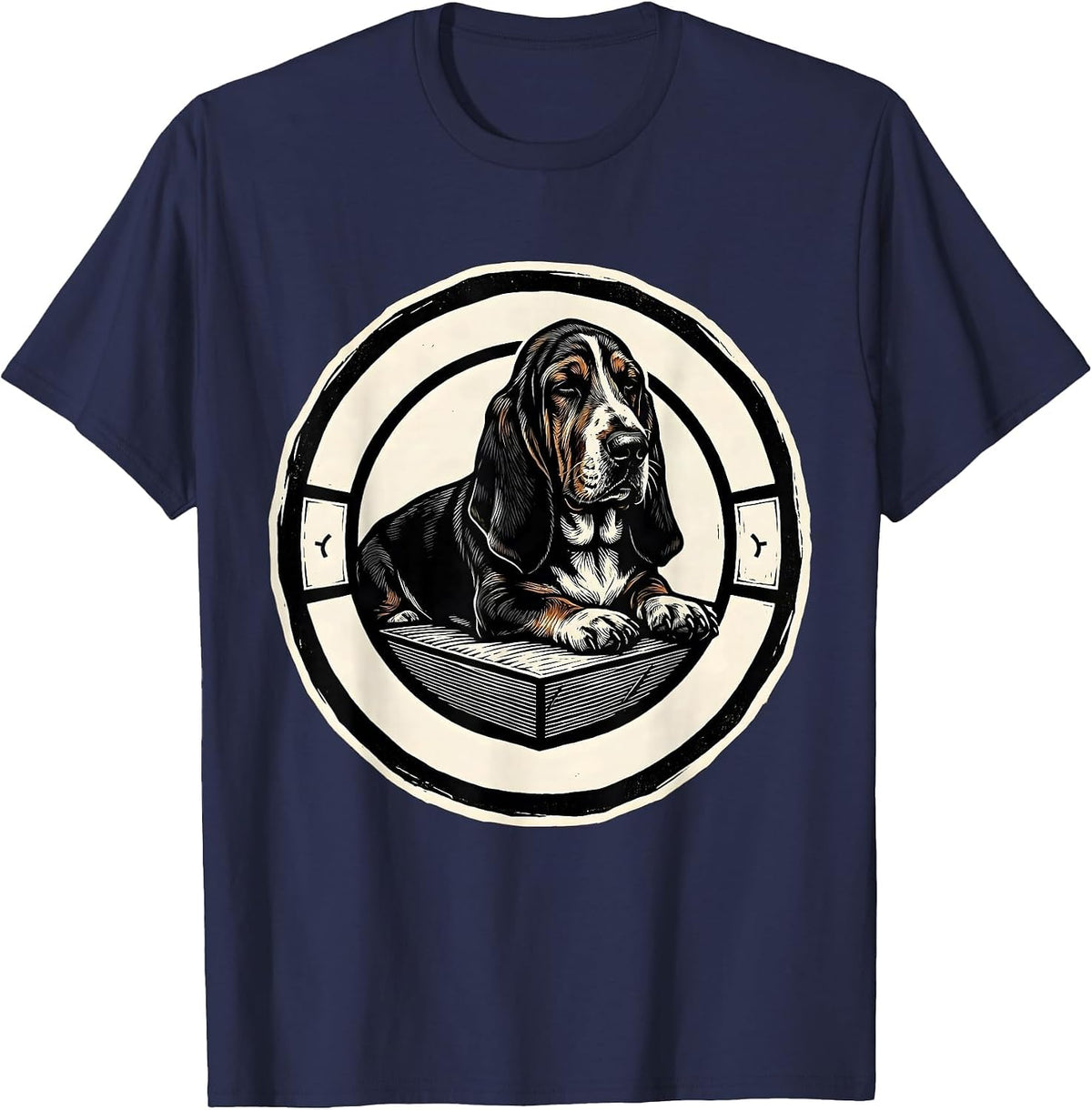 Men's Sleeping Basset Hound Linocut Animal Lover Pajama Humor T-Shirt - Navy Blue