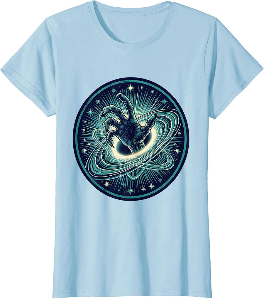 Women's Alien Hand Reaching Through Starry Portal T-Shirt - Baby Blue