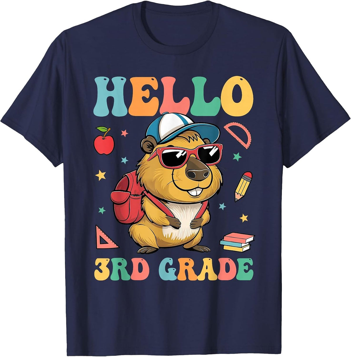 Groovy Hello 3rd Grade Capybara Back to School Teacher Kids T-Shirt - Navy Blue