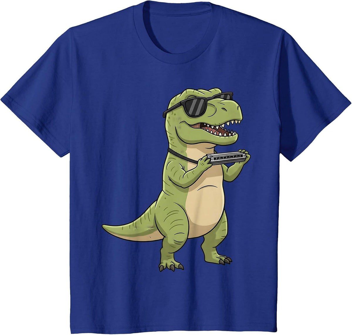 Cute Dinosaur Playing Harmonica T Rex Musician Boys Kids T-Shirt - Royal Blue