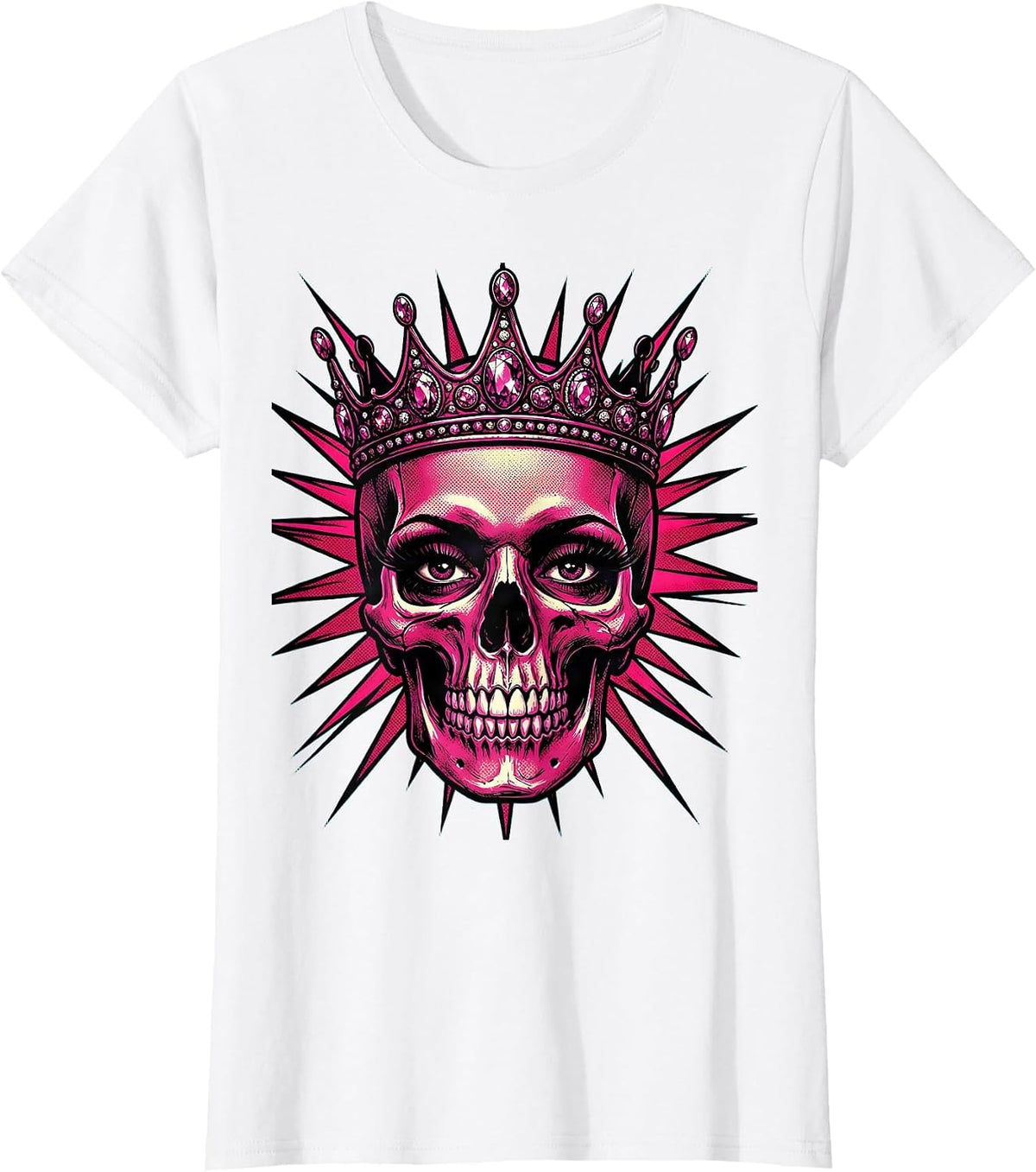 Skull Queen Spiked Tiara Rock Crown Design T-Shirt - White