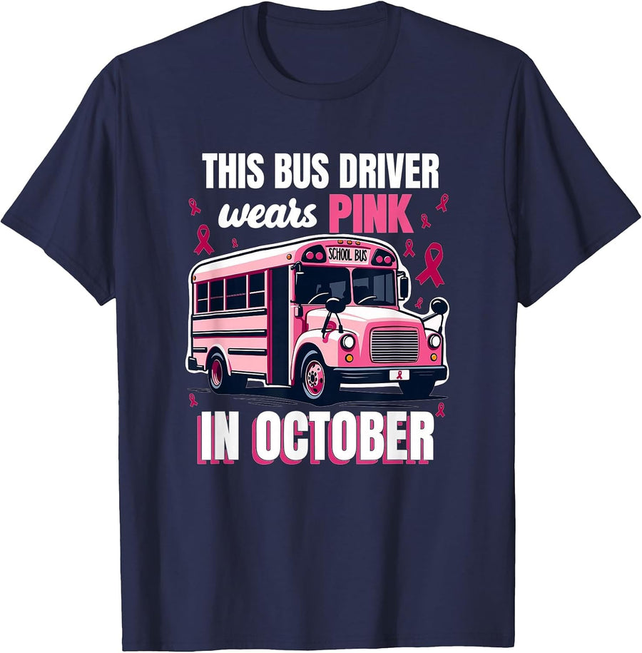 Bus Driver Wears Pink Breast Cancer Survivor T-Shirt - Navy Blue