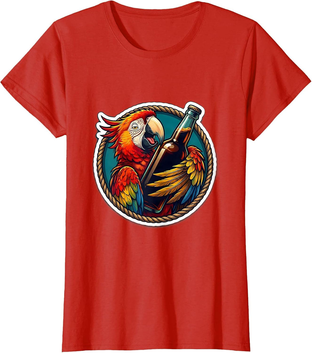 Women's Pirate Parrot Sneaking Sip of Rum Funny Drinking T-Shirt - Red