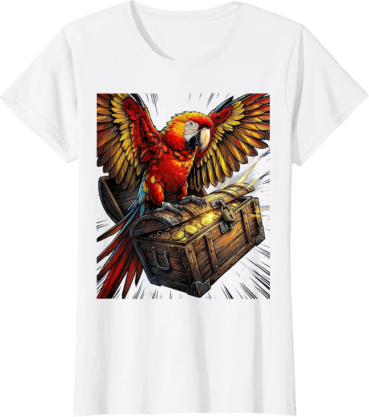 Pirate Parrot on Treasure Chest Illustration T-Shirt - White
