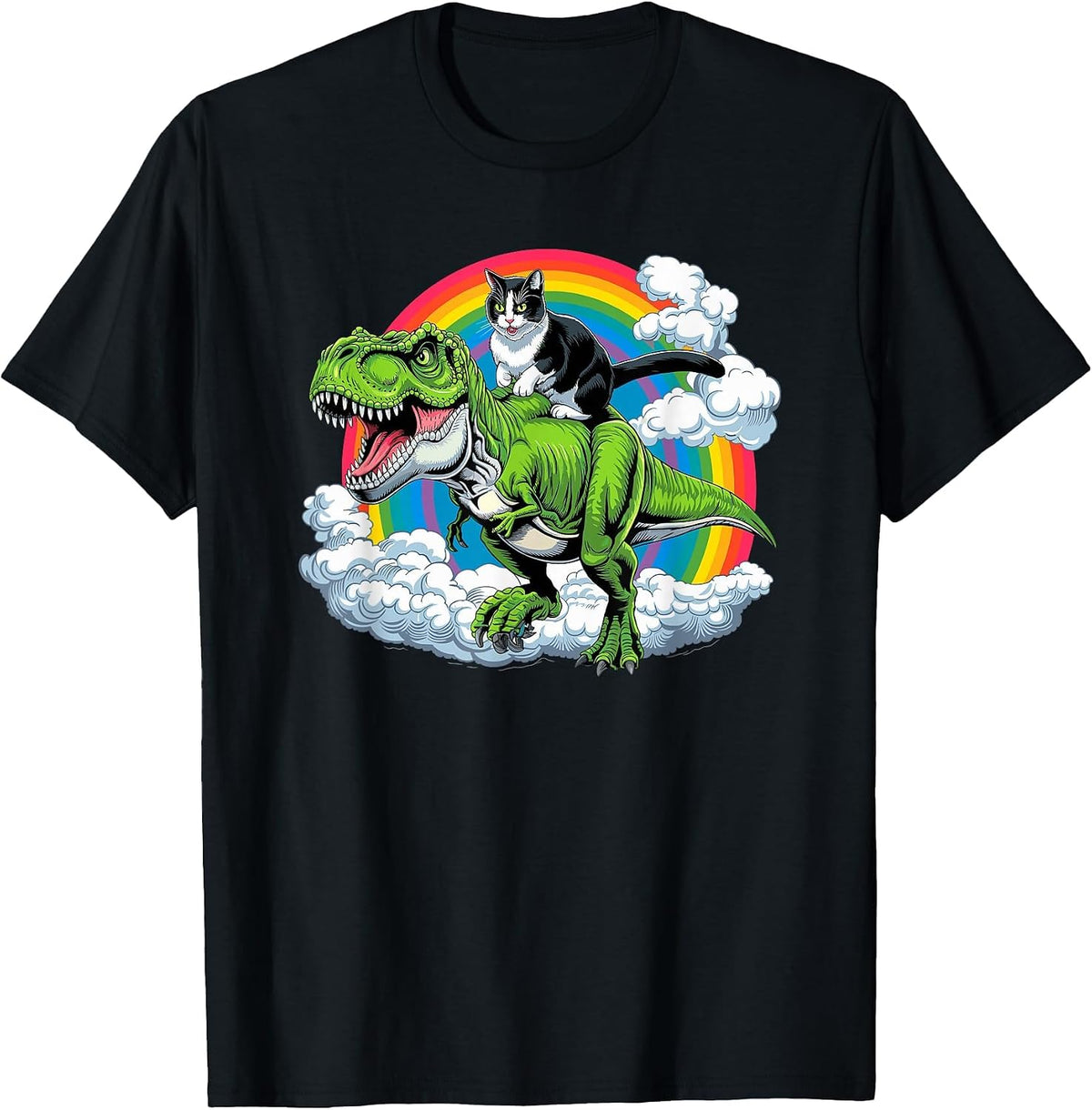 Funny Cat Riding Dinosaur T-Rex & Rainbow Cats Joke T-Shirt - Black