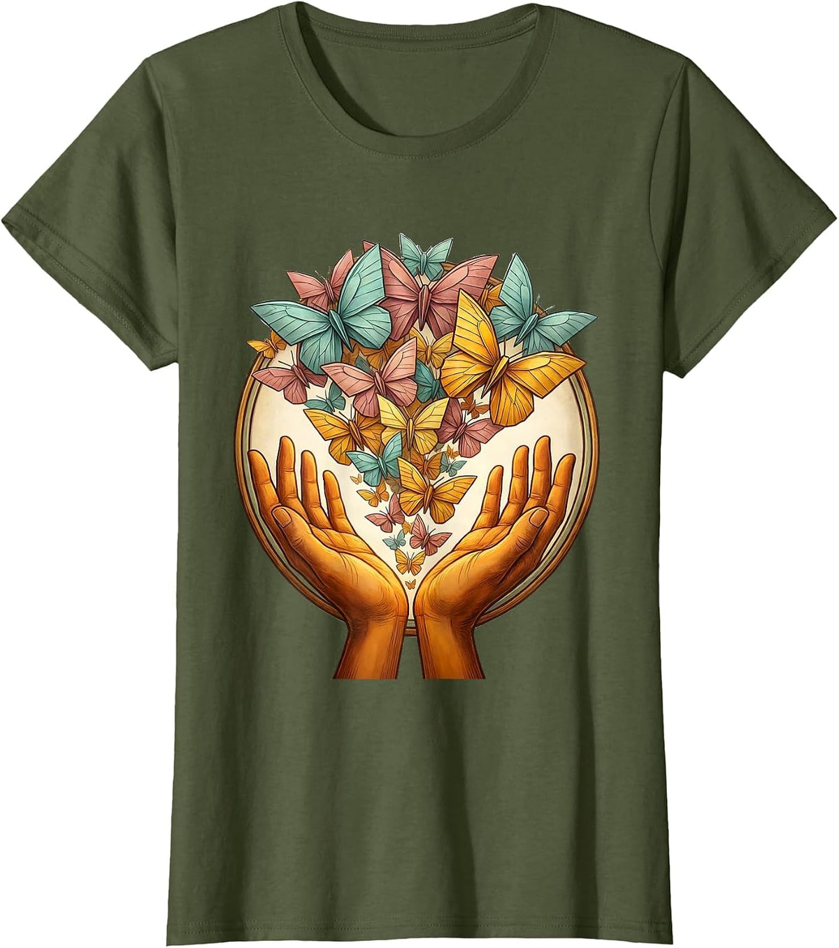 Women's Autism Awareness Butterfly Release Graphic T-Shirt - Olive Green