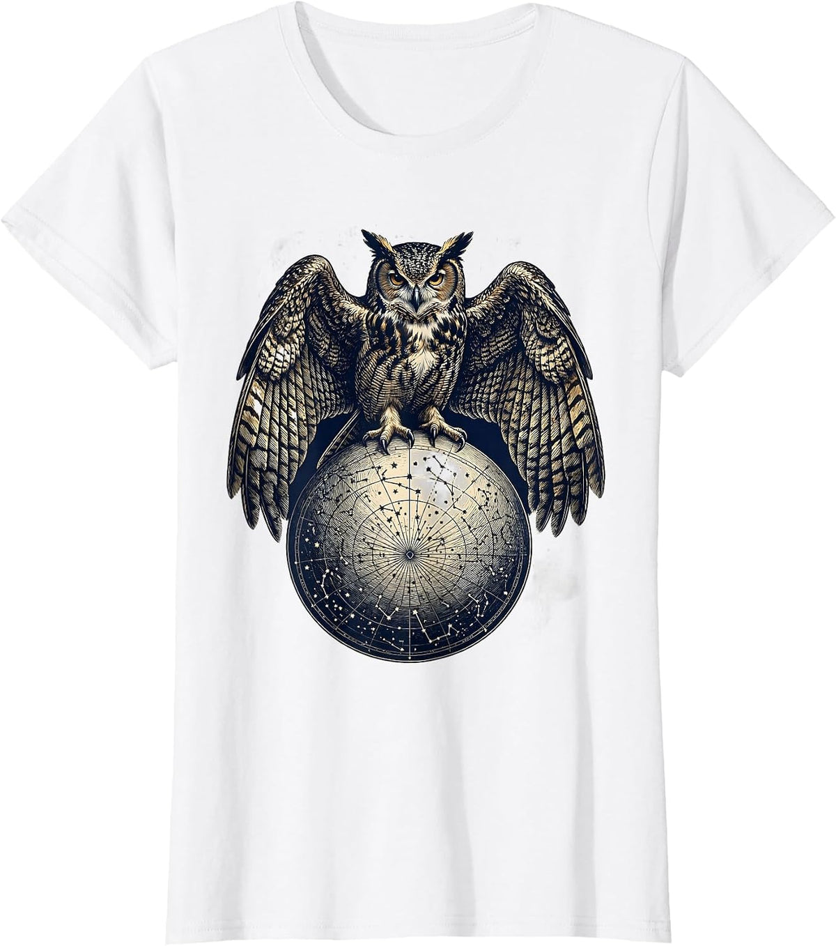 Women's Owl Perched on Constellation Map Illustration T-Shirt - White