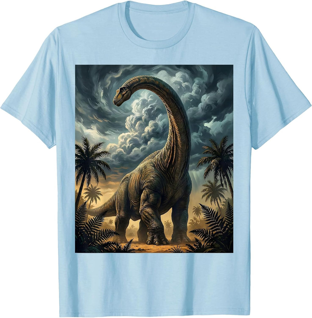 Men's Brachiosaurus Storm Clouds Dinosaur Illustration T-Shirt - Baby Blue