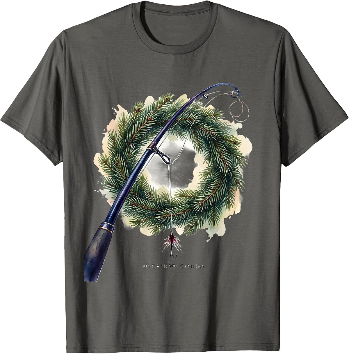 Have a Merry Castmas Watercolor Fishing Christmas Ugly T-Shirt - Asphalt Grey