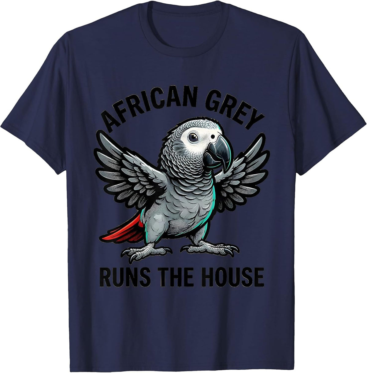 African Grey Runs The House Retro Cartoon Pet Bird Lover T-Shirt - Navy Blue