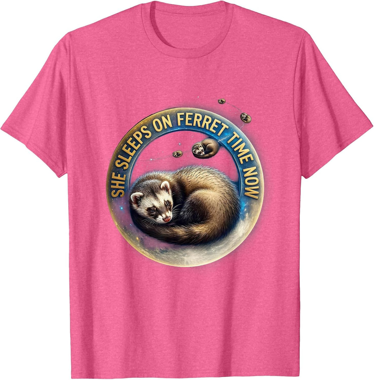 She Sleeps On Ferret Time Now Cosmic Ferret Lover Christmas T-Shirt - Pink Heather