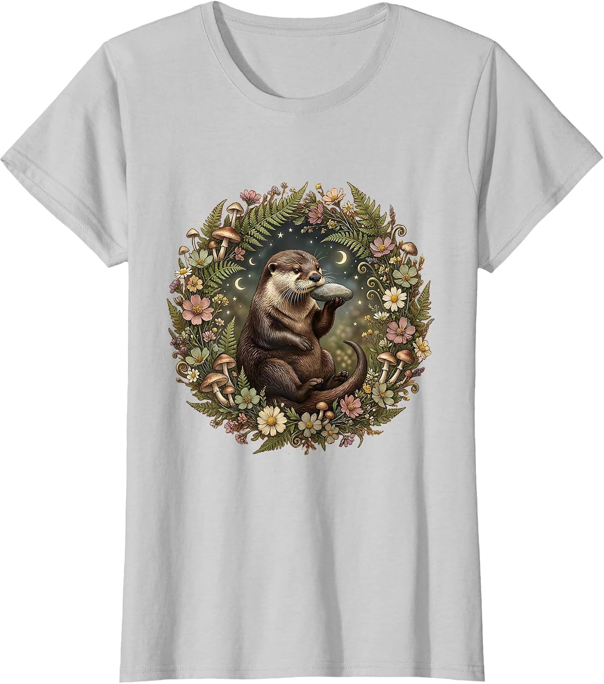 Otter Balancing Rock on Nose Illustration T-Shirt - Silver Grey