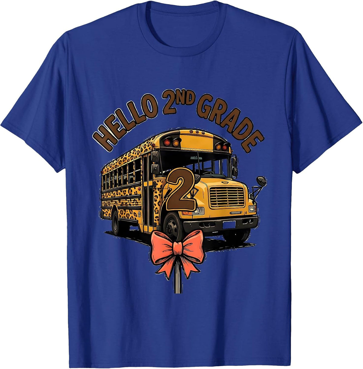 Hello 2nd Grade Leopard Rosette School Bus Back To School T-Shirt - Royal Blue