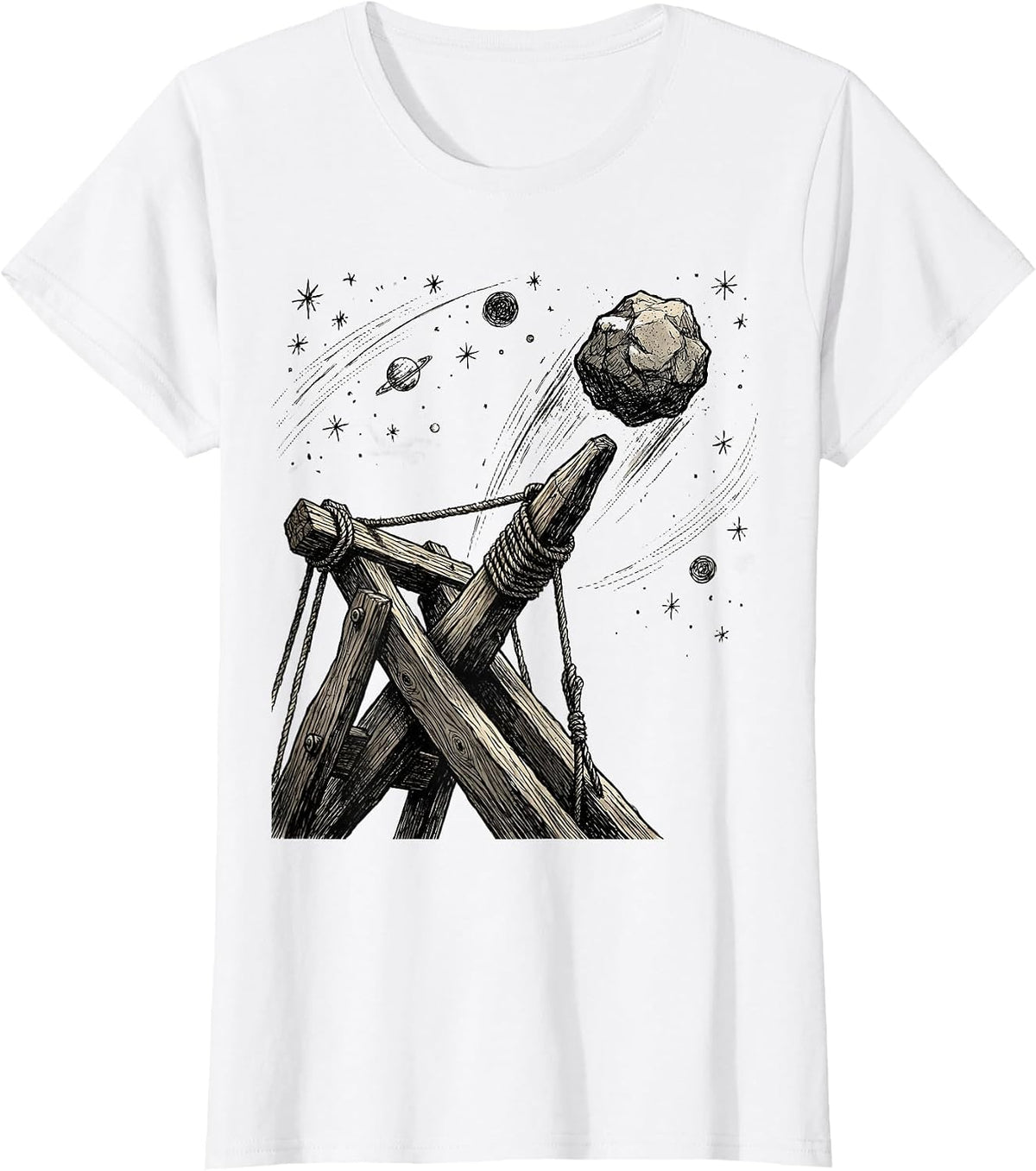 Catapult Boulder Launch Starry Night Sky Design T-Shirt - White