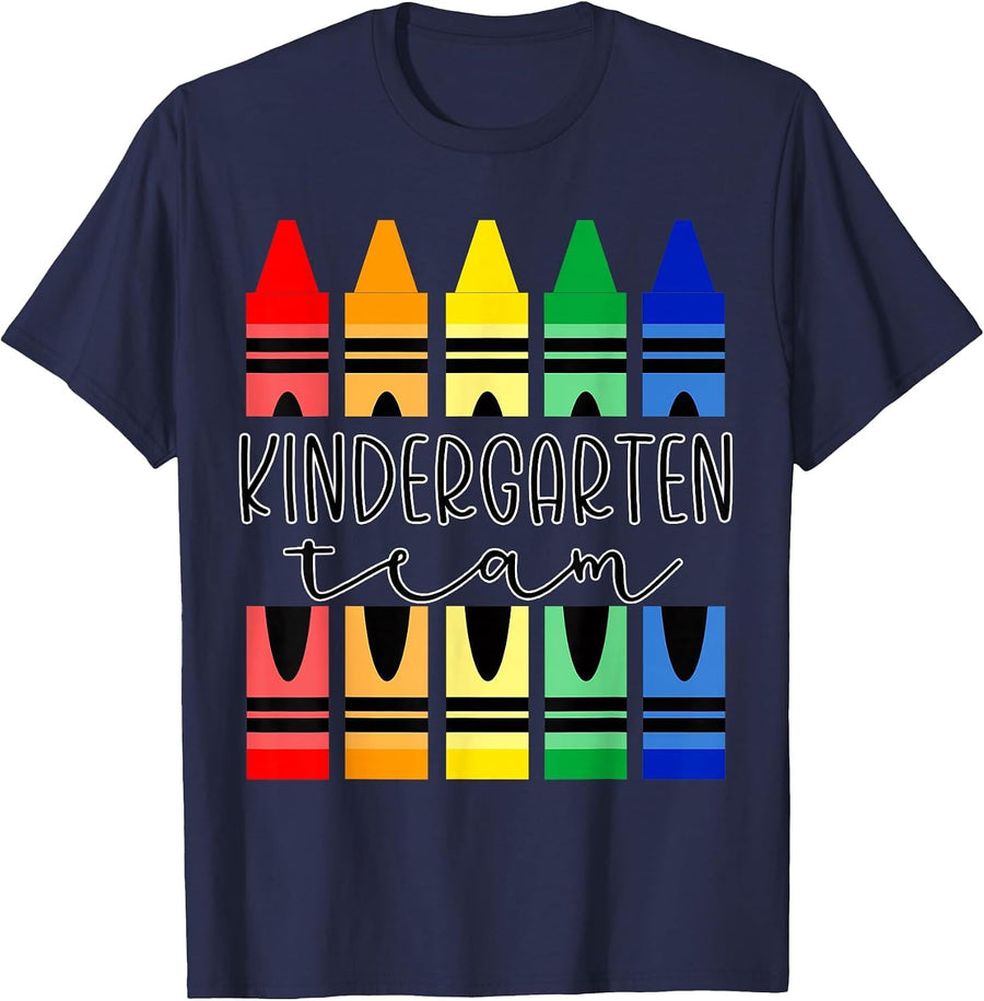 Colorful Crayon Kindergarten Team Tee for Teachers Students T-Shirt - Navy Blue