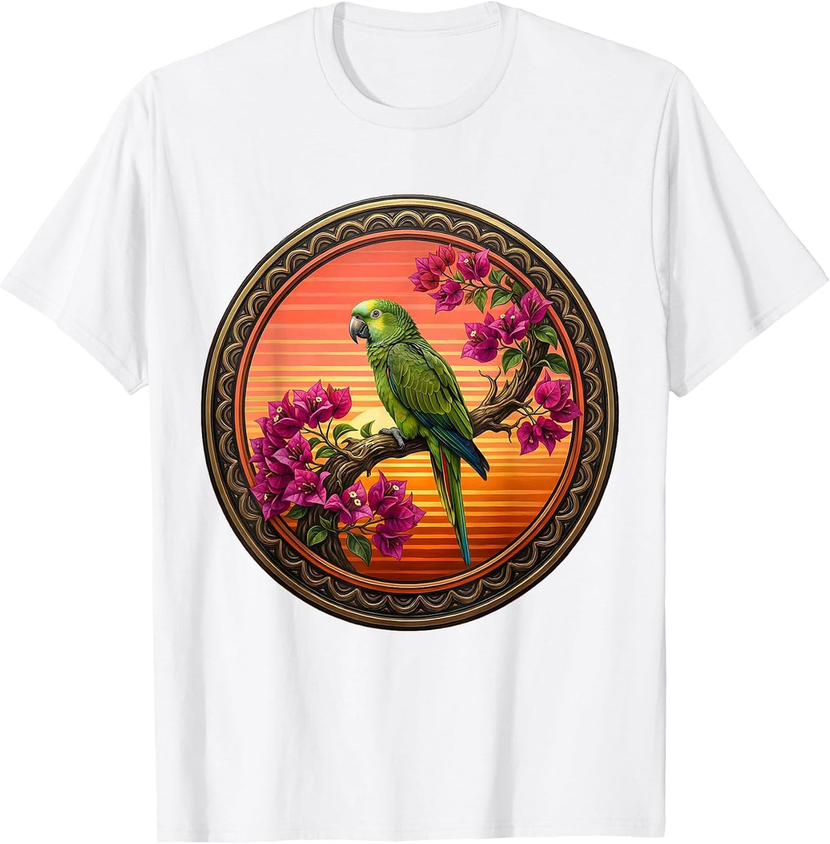 Parrot on Bougainvillea Mexico Floral Illustration T-Shirt - White