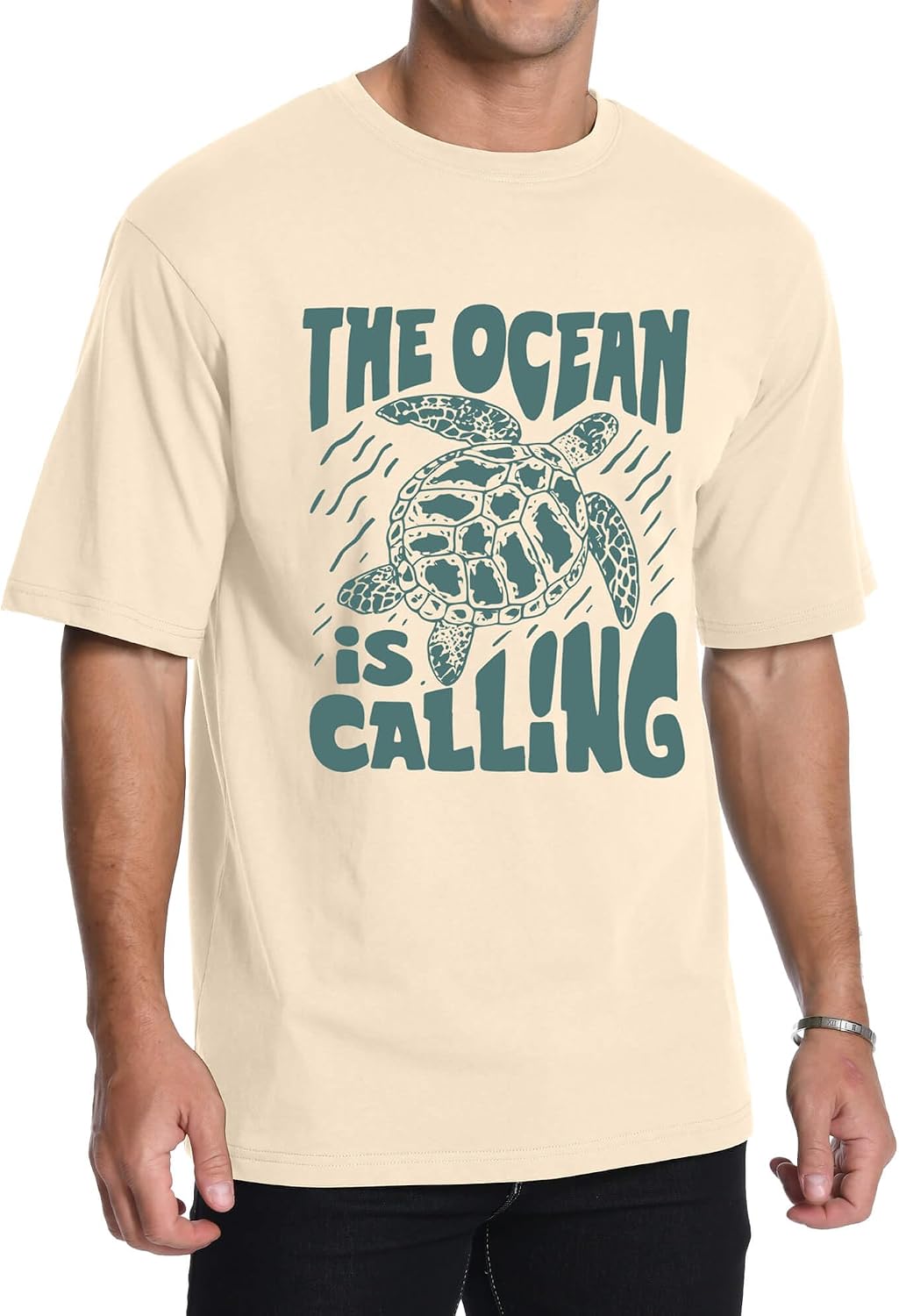 Aiyino Unisex Sea Turtle The Ocean is Calling 100% Cotton Graphic Tee - Apricot