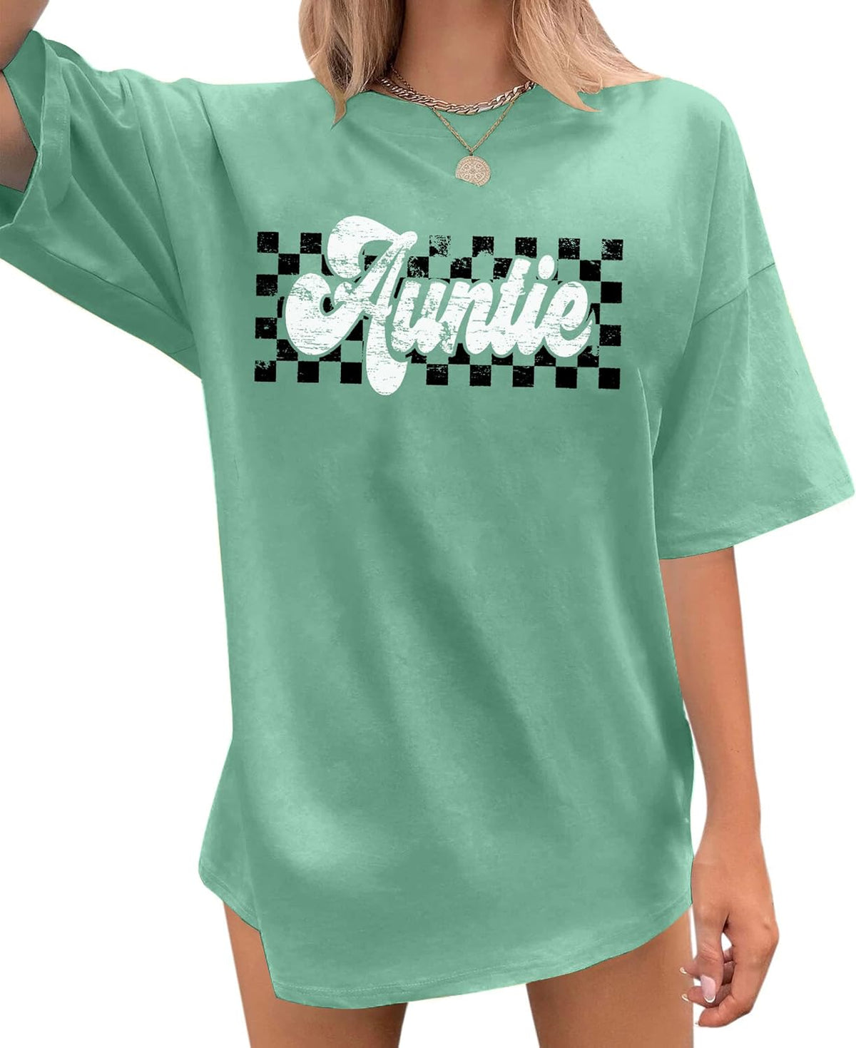 Auntie Shirts for Women: Oversized Aunt T-Shirt Auntie Letter Print Short Sleeve Tops - Green