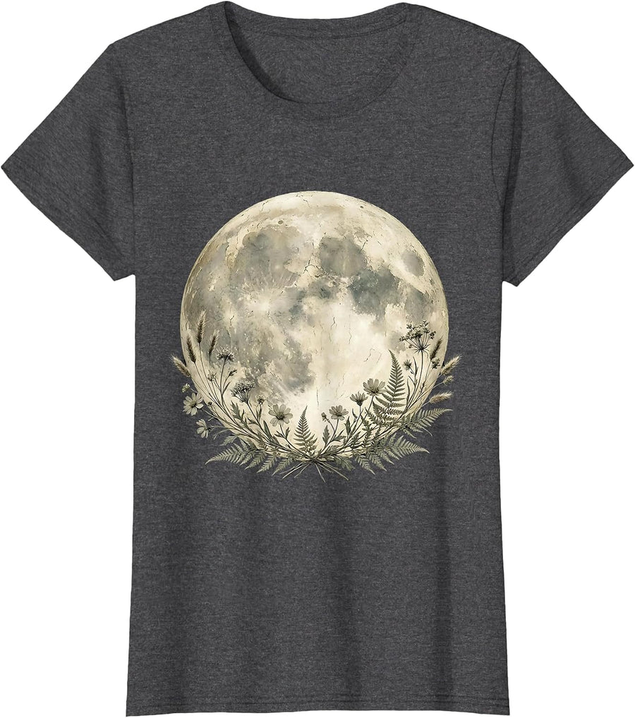 Women's Full Moon Shining Bright Illustration T-Shirt - Dark Heather Grey