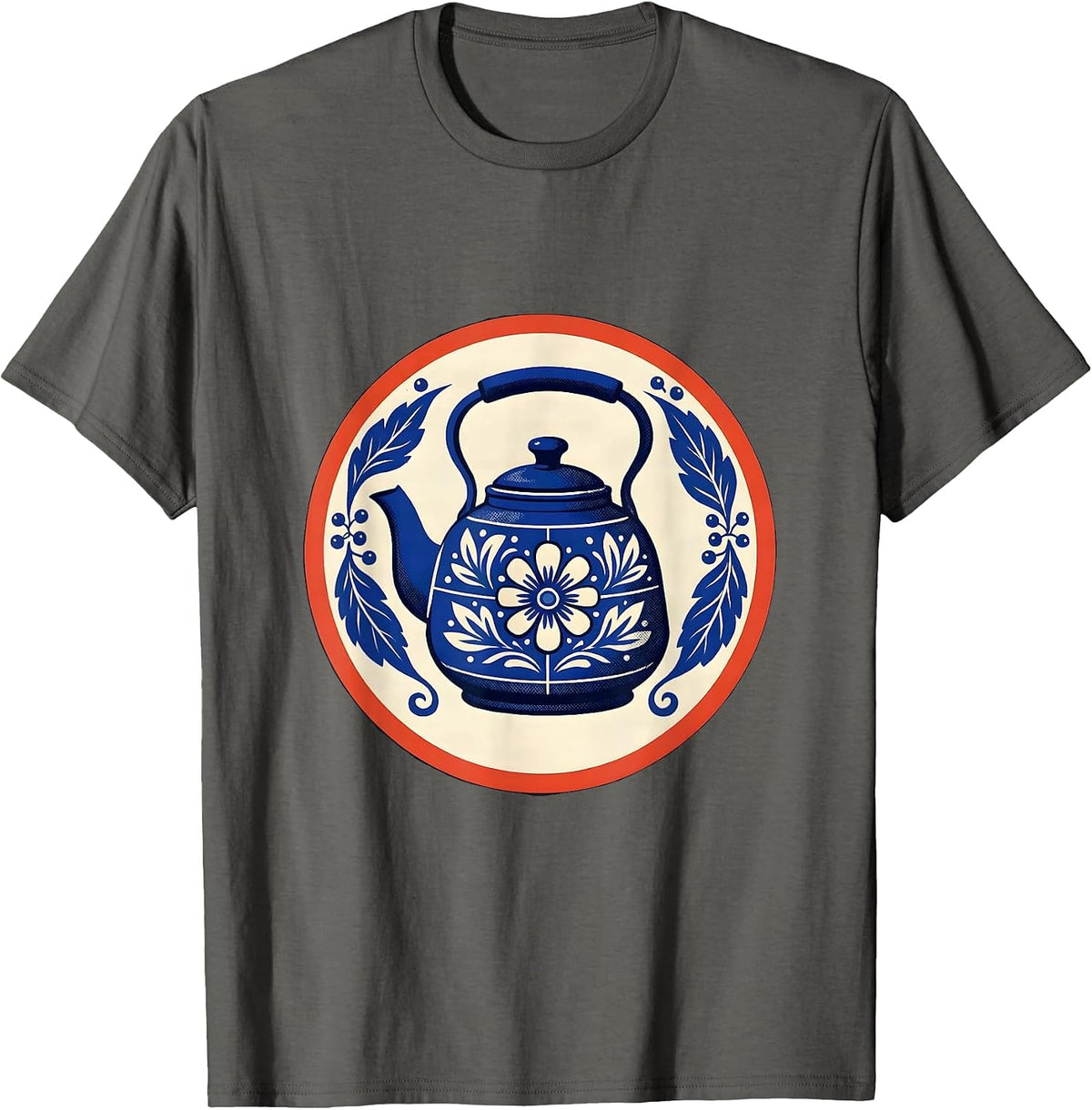 Sealed Gzhel Enamel Kettle Folk Art Badge Retro T-Shirt - Asphalt Grey