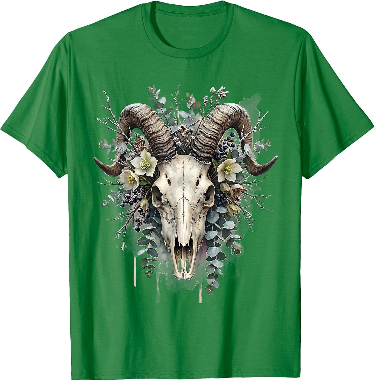Men's Capricorn Crowned Goat Skull Winter Floral Zodiac T-Shirt - Kelly Green