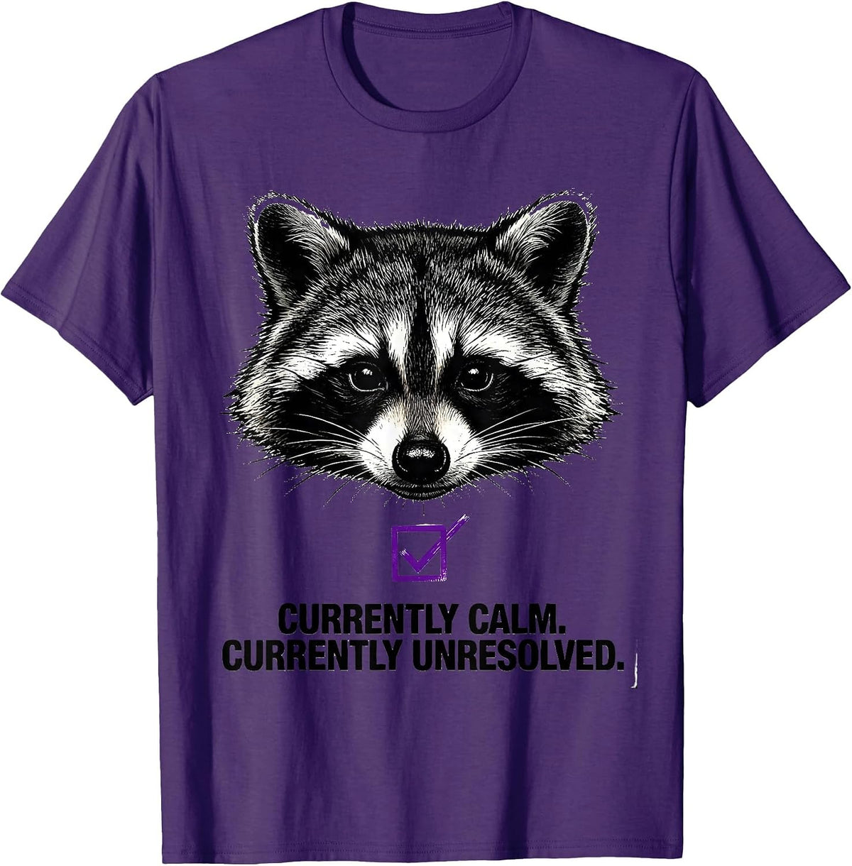 Men's Currently Calm Currently Unresolved Funny Raccoon Humor T-Shirt - Purple