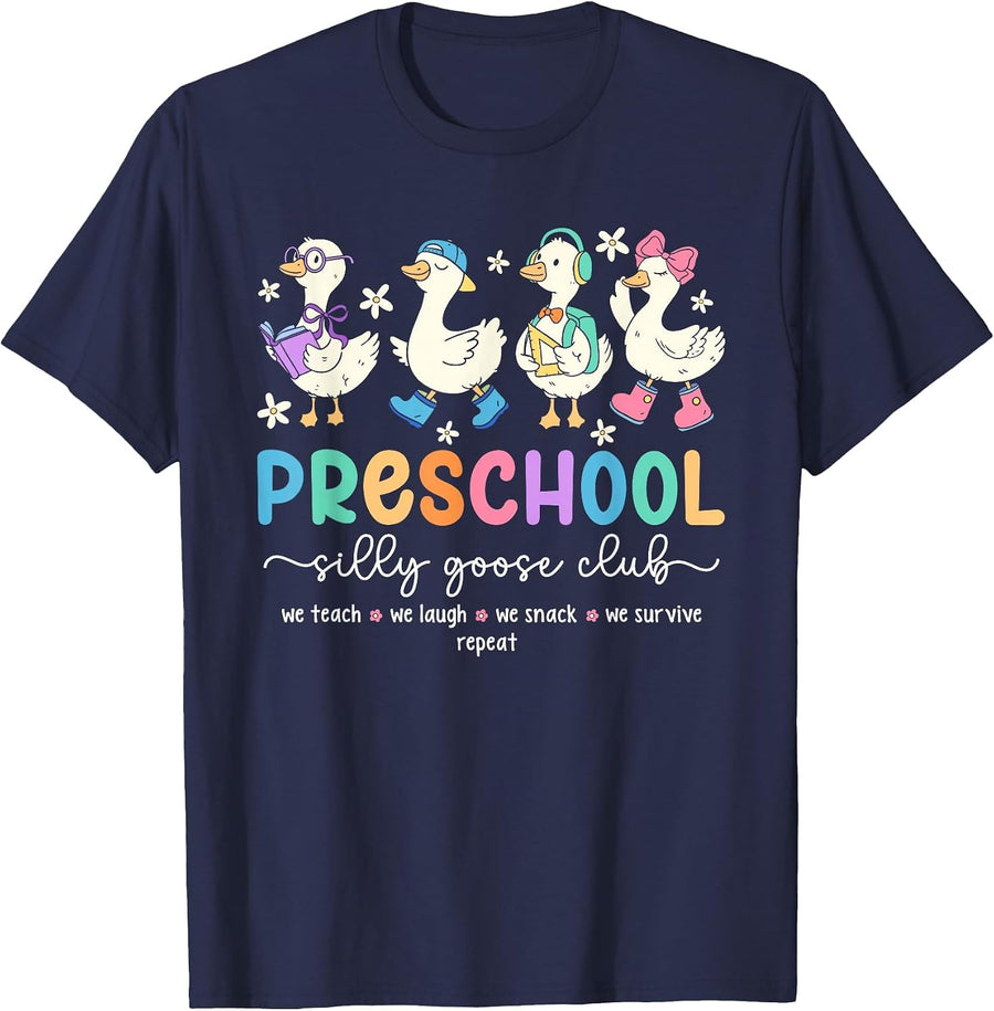 Silly Goose Teacher Shirt Funny Preschool Teacher Tees T-Shirt for Back to School - Navy Blue
