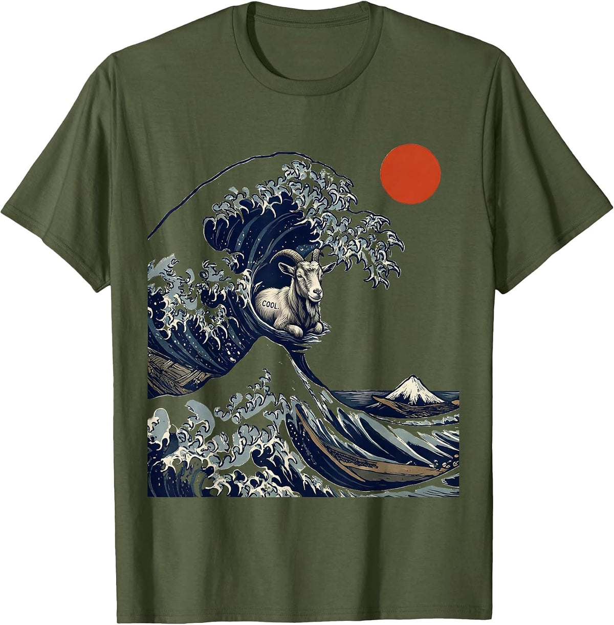 Men's Cool Linocut Great Wave Kanagawa Animal Parody Funny T-Shirt - Olive Green