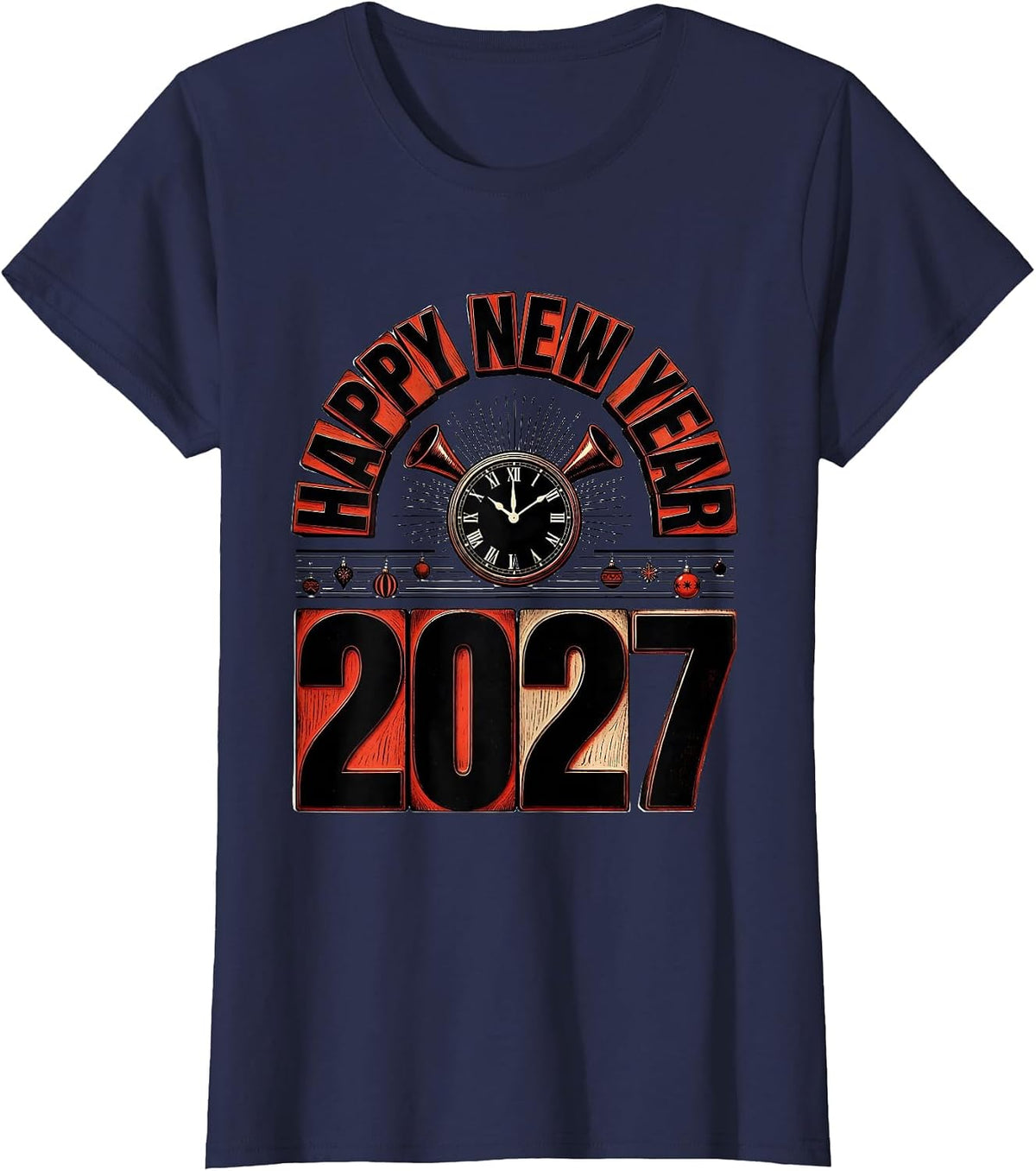 Women's Happy New Year 2027 Whimsical Festive Party Countdown T-Shirt - Navy Blue