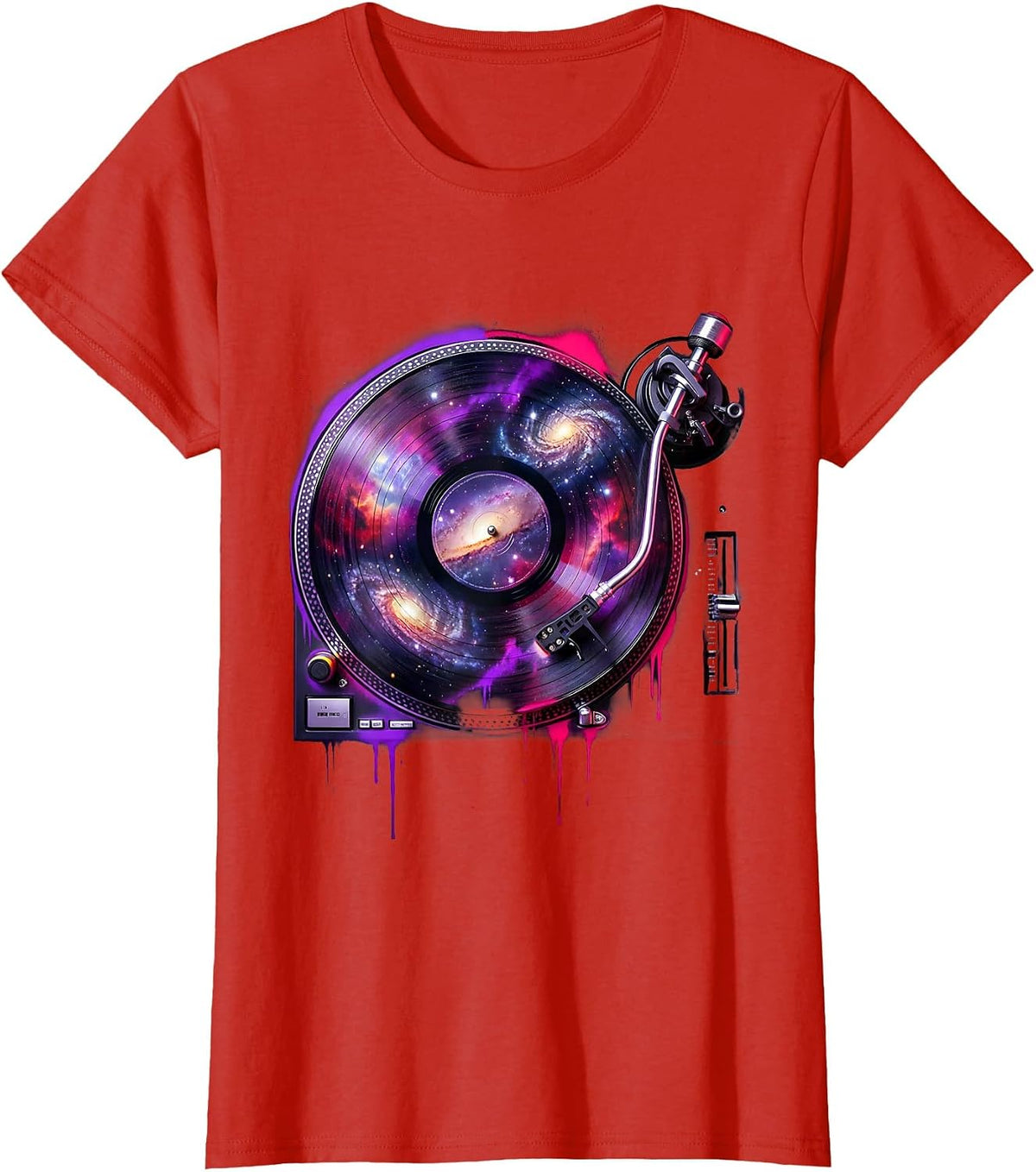 Turntable Galaxy Record Spinning Universe DJ Art T-Shirt - Red