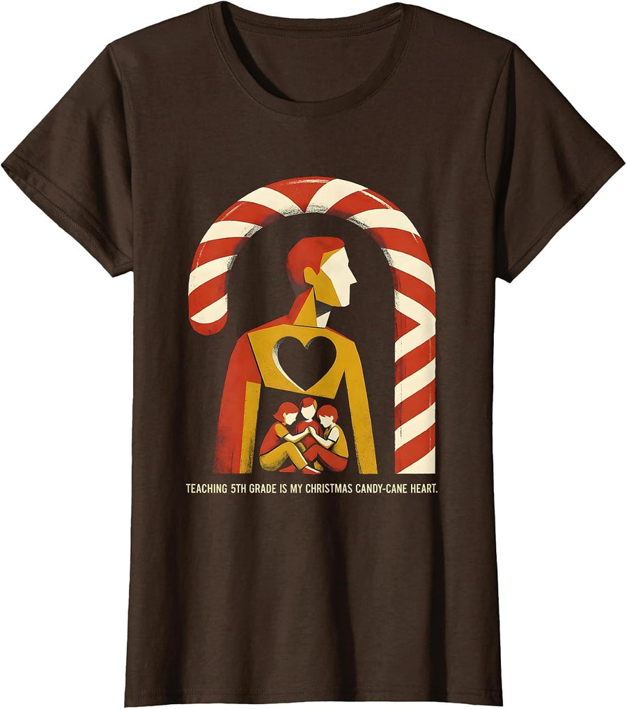Women's Teaching 5th Grade Is My Christmas Candy-Cane Heart Teacher T-Shirt - Brown