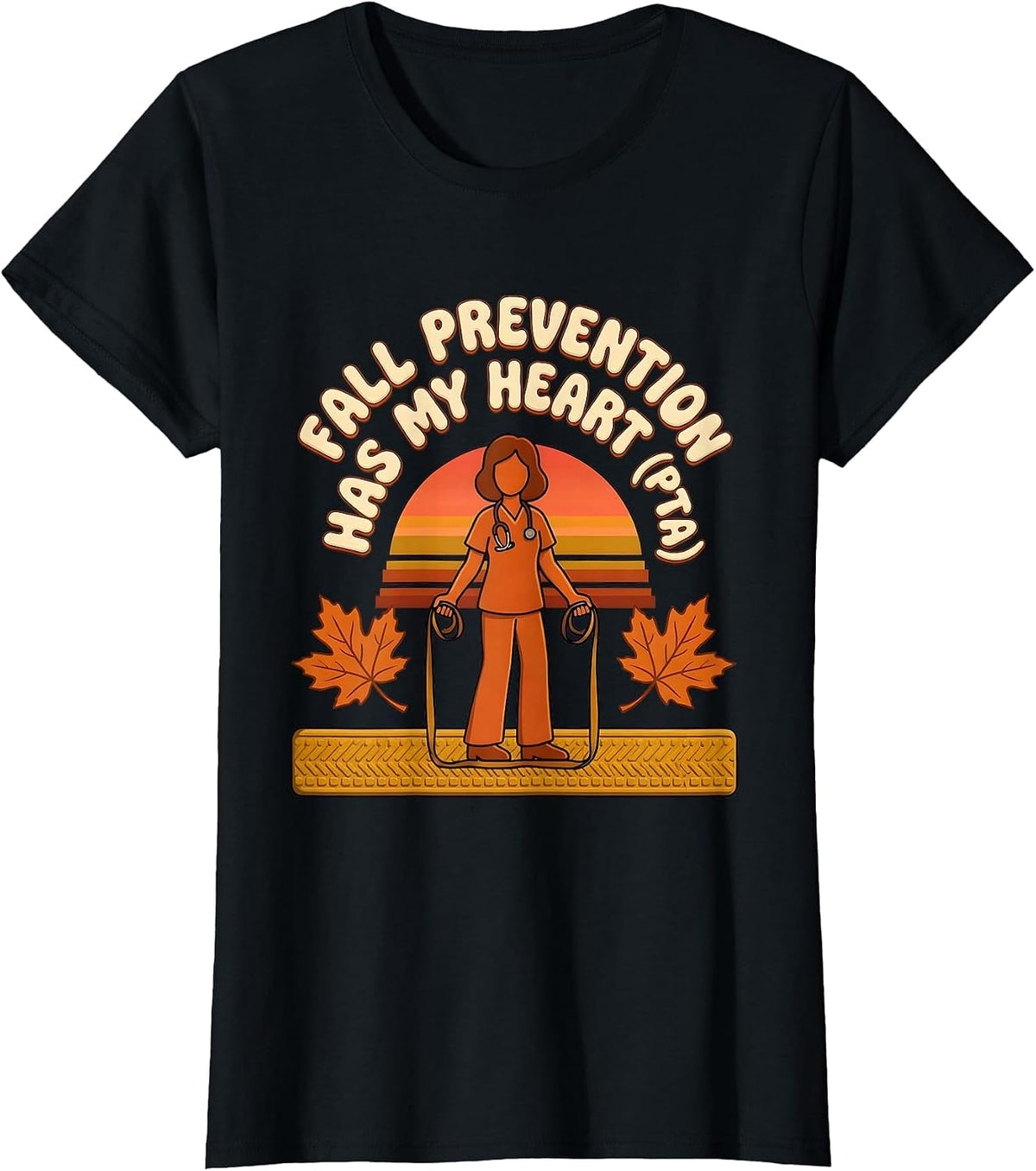 Women's Fall Prevention Has My Heart PTA Retro 70s Physical Therapy T-Shirt - Black